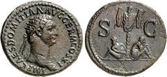 RÖMER RÖMISCHES KAISERREICH. DOMITIANUS, Augustus 81-96. AE-Dupondius (85) 9,43g. Kopf m. Aegis u. Strkr. n.r. IMP CAES DOMITIAN AVG GERM COS XI / S - C Tropaeumzwischen sitz. Germania n.r. und German