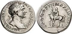 RÖMER RÖMISCHES KAISERREICH. TRAIANUS 98-117. Denar (112/113) 3,23g. Büste m. Pallium h. Hals u. Lkr. n.r. IMP TRAIANO AVG GER DAC P M TR P COS VI P P / S P Q R OPTIMO PRINCIPI Reiterstatue von Traian