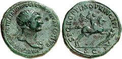RÖMER RÖMISCHES KAISERREICH. TRAIANUS 98-117. AE-Dupondius (103/109) 14,49g. Büste mit Strahlenkrone und Ägis n. r. IMP CAES NERVAE TRAIANO AVG GER DAC PM TRP COS V PP / SPQR OPTIMO PRINCIPI SC Trajan