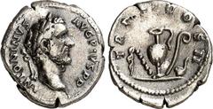 RÖMER RÖMISCHES KAISERREICH. ANTONINUS PIUS Augustus 138-161. Denar (139) 2,80g. Kopf m. Lkr. n.r. ANTONINVS - AVG PIVS P P / TR POT - COS - II Sakralgerät. RIC 45, BMC 9, C. 835a. . R ss+