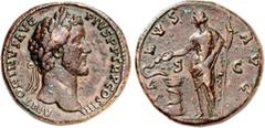 RÖMER RÖMISCHES KAISERREICH. ANTONINUS PIUS Augustus 138-161. AE-Sesterz (140/144) 25,96g. Kopf m. Lkr. n.r. ANTONINVS AVG PI-VS P P TR P COS III / SA-LVS - AVG - S - C Salus steht n.l., l. Schlange a
