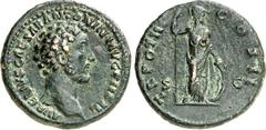RÖMER RÖMISCHES KAISERREICH. ANTONINUS PIUS Augustus 138-161. AE-As (148/149) 9,72g. Kopf n. r. AVRELIVS CAESAR ANTONINI AVG PII FIL / TR POT III COS II SC Minerva mit Schild und Speer steht n. r. RIC