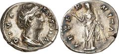 RÖMER RÖMISCHES KAISERREICH. Diva Faustina senior z.Z. Antoninus Pius 141/161. Denar 3,51g. Pallabüste n.r. DIVA - FAVSTINA / AETE-R-NITAS Faustina-Iuno steht mit Sceptrum v.v., Kopf n.l. RIC 344, BMC