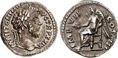 RÖMER RÖMISCHES KAISERREICH. MARCUS AURELIUS, Augustus 161-180. Denar (175) 2,73g. Kopf mit Lorbeerkranz n.r. M ANTONINVS - AVG TR P XXIX / IMP VII - COS III Viktoria sitzt n.l., hält Patera und Palmz