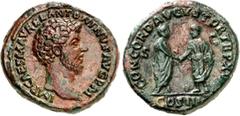 RÖMER RÖMISCHES KAISERREICH. MARCUS AURELIUS, Augustus 161-180. AE-Sesterz (162) 25,10g. Barhäuptiger Kopf n.r. IMP CAES M AVREL ANTONINVS AVG P M / CONCORD AVGVSTOR TR P XVI - COS III - S - C Marc Au