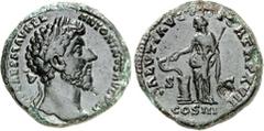 RÖMER RÖMISCHES KAISERREICH. MARCUS AURELIUS, Augustus 161-180. AE-Sesterz (163) 20,04g. Belorbeerte Büste n. r. IMP CAES M AVREL ANTONINVS AVG PM / SALVTI AVGVSTOR TRP XVII COS III SC Salus steht n. 