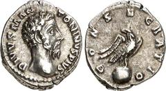 RÖMER RÖMISCHES KAISERREICH. Divus Antoninus, z. Z. Commodus 180. Denar (180) 2,94g. Kopf n.r. DIVVS M ANT-ONINVS PIVS / CONSECRATIO Adler steht mit ausgebreiteten Flügeln auf Globus n.r., Kopf n.l. R