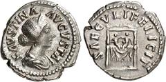 RÖMER RÖMISCHES KAISERREICH. Faustina iunior z.Z. Marcus Aurelius 161-176. Denar (161) 3,24g. Drapierte Büste mit Diadem n. r. FAVSTINA - AVGVSTA / SAECVLI FELICIT Thron, auf dem die Zwillinge Commodu