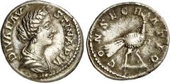 RÖMER RÖMISCHES KAISERREICH. Diva Faustina iunior z.Z. Marcus Aurelius 176-180. Denar (176) 3,58g. Pallabüste n.r. DIVA FAV-STINA PIA / CONSEC-RATIO Pfau steht n.r., Kopf n.l. zurückgewendet. RIC 744,