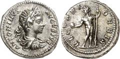 RÖMER RÖMISCHES KAISERREICH. CARACALLA, Augustus 198-217. Denar (201) 3,53g. Paludamentbüste m. Lkr. n.r. ANTONINVS - AVGVSTVS / RECT-OR - ORBIS Sol-Caracalla steht n.l. RIC 39a, BMC 165, C. 542, Hill