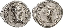 RÖMER RÖMISCHES KAISERREICH. CARACALLA, Augustus 198-217. Denar (203) 3,46g. Palliumbüste m. Lkr. n.r. ANTONINVS - PIVS AVG / PONT TR P - VI COS Roma victrix steht n.l. RIC 69, BMC 435-436, C. 499, Hi