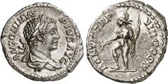 RÖMER RÖMISCHES KAISERREICH. CARACALLA, Augustus 198-217. Denar (205) 3,43g. Palliumbüste m. Lkr. n.r. ANTONINVS - PIVS AVG / PONTIF TR P - VIII COS II Mars steht nackt steht n.l. RIC 80b, BMC 480, C.