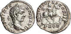 RÖMER RÖMISCHES KAISERREICH. CARACALLA, Augustus 198-217. Denar (208) 2,73g. Büste mit Lorbeerkranz n.r. ANTONINVS - PIVS AVG / PONTIF TR P XI COS III Caracalla reitet n.r.; vor ihm n.r. davon laufend