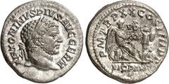 RÖMER RÖMISCHES KAISERREICH. CARACALLA, Augustus 198-217. Denar (217) 3,06g. Belorbeerter Kopf n. r. ANTONINVS PIVS AVG GERM / PMT RPXX COS IIII PP Viktoria sitzt n.r. auf Panzer, schreibt VO XX auf S