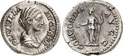 RÖMER RÖMISCHES KAISERREICH. Plautilla, Gemahlin des Caracalla 202-205. Denar (202) 3,26g. Drap. Büste n.r. PLAVTILLA AVGVSTA / CONCORDIA - AVGG Concordia steht mit Sceptrum und Patera v.v., Kopf n.l.