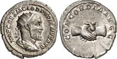 RÖMER RÖMISCHES KAISERREICH. PUPIENUS 238. Antoninian 4,61g. Drapierte Panzerbüste mit Strahlenkrone n.r. IMP CAES M CLOD PVPIENVS AVG / CONCORDIA AVGG Handschlag. RIC - p.176 Anm. (Rs.von Balbinus), 