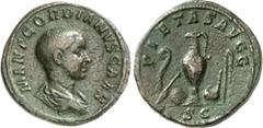 RÖMER RÖMISCHES KAISERREICH. Gordianus III. Caesar 238. Sesterz 19,54g. Palliumbüste n.r. M ANT GORDIANVS CAES / PIETAS AVGG - S C Sakralgerät. RIC 3, BMC 64-66, C. 183. . RR dunkelgrüne Patina,