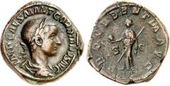 RÖMER RÖMISCHES KAISERREICH. GORDIANUS III. Augustus 238-244. AE-Sesterz (238) 20,38g. Paludamentbüste m. Lkr. n.r. IMP CAES M ANT GORDIANVS AVG / PROVIDENTIA AVG SCProvidentia steht v.v., hält Globus