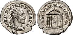 RÖMER RÖMISCHES KAISERREICH. PHILIPPUS I. Arabs 244-249. Antoninian (248/249) 3,44g. Paludamentbüste m. Strkr. n.r. IMP PHILIPPVS AVG / SAECVLVM NOVVM Romatempel. RIC 25b, C. 198. . vz