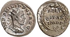RÖMER RÖMISCHES KAISERREICH. PHILIPPUS I. Arabs 244-249. Antoninian (248/249) 3,94g. Paludamentbüste m. Strkr. n.r. IMP PHILIPPVS AVG / FELI-CITAS -IMPP im Lorbeerkranz. RIC 60, C. 39. . R vz