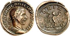 RÖMER RÖMISCHES KAISERREICH. PHILIPPUS I. Arabs 244-249. AE-Sesterz (244) 22,25g. Paludamentbüste m. Lkr. n.r. IMP M IVL PHILIPPVS AVG / VICTORIA A[V]G SC Victoria schreitet n.r. RIC 191a, C. 228. . b