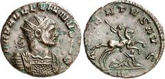 RÖMER RÖMISCHES KAISERREICH. AURELIANUS 270-275. AE-Antoninian (272) 3,38g, Rom, 2. Off. Panzerbüste m. Strkr. n.r. IMP AVRELIANVS AVG / ADVENTVS AVG Kaiser überreitet jammernden Feind n.r.; unten II.