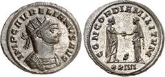 RÖMER RÖMISCHES KAISERREICH. AURELIANUS 270-275. Bi-Antoninian (274) 4,22g, Siscia. Panzerbüste m. Strkr. n.r. IMP C AVRELIANVS AVG / CONCORDIA MILITVM Kaiser u. Concordia beim Handschlag, im Feld S; 