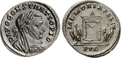 RÖMER RÖMISCHES KAISERREICH. Divus Constantius z.Z. Constantin I. / Maxentius 307-308. AE-Follis 27/24mm 5,30g, Trier, 1.Offizin. Büste in Trabea, capite velato, mit Lorbeerkranz n.r. DIVO CONSTANTIO 