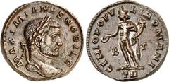 RÖMER RÖMISCHES KAISERREICH. Maximianus II. Galerius Caesar 293-305. AE-Follis 25/27mm (296/297) 10,39g, Trier, 2. Offizin. Kopf mit Lorbeerkranz n.r. MAXIMIANVS NOBIL C / GENIO POPV-LI ROMANI Genius 