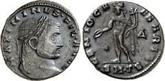 RÖMER RÖMISCHES KAISERREICH. Maximinus II. Daia, filius Augustorum 309-310. AE-Follis 26/25mm (309/310) 6,69g, Thessalonica, 4. Offizin. Kopf mit Lorbeerkranz n.r. MAXIMINVS FIL AVG / GENIO CA-ESARIS 