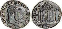 RÖMER RÖMISCHES KAISERREICH. MAXENTIUS Augustus 307-312. AE-Follis 25/24mm (307/308) 6,54g, Rom. Kopf mit Lorbeerkranz n.r. IMP C MAXENTIVS P F AVG / CONSERV - VRB SVAE Roma thront in Tempel mit 6-säu
