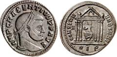 RÖMER RÖMISCHES KAISERREICH. MAXENTIUS Augustus 307-312. AE-Follis 25mm (310/312) 5,97g, Rom, 1. Off. Kopf m. Lkr. n.r. IMP C MAXENTIVS P F AVG / CONSERV - VRB SVAE Roma thront im Tempel; im Giebel Lo