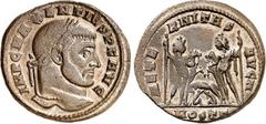 RÖMER RÖMISCHES KAISERREICH. MAXENTIUS Augustus 307-312. AE-Follis 24/26mm (309) 6,19g, Ostia, 3. Offiz. Kopf m. Lkr. n.r. IMP C MAXENTIVS P F AVG / AETE-RNITAS AVG N Dioskuren stehen m. Pferden v.v.,