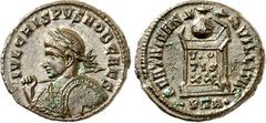 RÖMER RÖMISCHES KAISERREICH. Crispus Caesar 317-326. AE-Follis 19mm (322/323) 3,50g, Trier, 1.Offizin. Büste mit Panzer, Lorbeerkranz, Schild und geschultertem Speer n.l. IVL CRISPVS NOB CAES / BEATA 