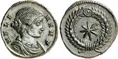 RÖMER RÖMISCHES KAISERREICH. Helena minor, Gemahlin des Crispus Caesar 321-329. AE-Follis 18mm (321) 2,98g, Thessalonica. Drapierte Büste mit Haarnest n.r. HELE-NA N F / achtstrahliger Stern im Lorbee