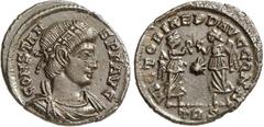 RÖMER RÖMISCHES KAISERREICH. CONSTANS Augustus 337-350. AE-Minutus 17/15mm (341/348) 1,52g, Trier, 2. Off. Paludamentbüste m. Rosettendiadem n.r. CONSTAN-S P F AVG / VICTORIAE DD AVGG Q NN Viktorienpa