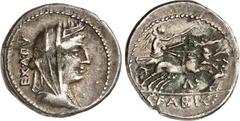 RÖMER RÖMISCHE REPUBLIK : Silbermünzen. Gaius Fabius Gaii filius Hadrianus 102 v. Chr. Denar 3,36g. Cybelabüste, bedeckt, n.r. EX A PV / Victoria rast in Biga n.r.; unten L zwischen Punkten; r. Storch