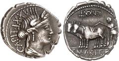 RÖMER RÖMISCHE REPUBLIK : Silbermünzen. Gaius Marius Gaii filius Capito 81 v. Chr. Denar (serratus) 3,82g. Büste der Ceres mit Ährenkranz n.r.; davor Symbol; hinten CAPIT . LIIII / Deductor bei Pflüge