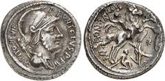 RÖMER RÖMISCHE REPUBLIK : Silbermünzen. Publius Fonteius Publii filius Capito 55 v. Chr. Denar 3,69g. Palliumbüste d. Mars victor m. Helm u. Tropaeum n.r. P FONTEIVS P F - CAPITO III VIR / MN. FONT. T