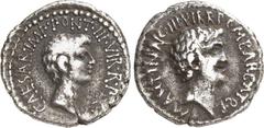 RÖMER IMPERATORISCHE PRÄGUNGEN. MARCUS ANTONIUS und "CAESAR" (Augustus) 44-31 v. Chr. Denar (39 v.Chr.) 3,57g, mobile Mzst. des Marcus Antonius. Kopf n.r. M ANTON. IMP III. VIR. R. P. C. AVG / CAESAR.