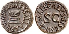 RÖMER RÖMISCHES KAISERREICH. - Mzm. Apronius, Galus, Messalla & Sisenna 5 v. Chr. AE-Quadrans 3,12g. Altar MESSALLA SISENNA III VIR / GALVS SISENNA AAA FF um großes S C. RIC 453 (R2), BMC - , C. - . .