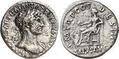 RÖMER RÖMISCHES KAISERREICH. HADRIANUS 117-138. Denar (Ende 118) 3,09g. Belorb. Büste n. r., Drapierung auf linker Schulter IMP CAESAR TRAIAN - HADRIAN AVG / P M T - R P COS DES - III Salus sitzt n.l.