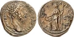 RÖMER RÖMISCHES KAISERREICH. MARCUS AURELIUS, Augustus 161-180. AE-Dupondius (171) 13,69g. Kopf mit Strahlenkrone n.r. M ANTONINVS - AVG TR P XXV / SALVTI AVGVSTAE SC Salus steht n.l. füttert Schlange