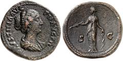 RÖMER RÖMISCHES KAISERREICH. Faustina iunior z.Z. Antoninus Pius 145-161. AE-Sesterz (149/156) 25,47g. Pallabüste n.r. FAVSTINA - AVG PII AVG FIL / S - C Diana steht mit Pfeil und Bogen n.l. RIC 1383,