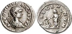 RÖMER RÖMISCHES KAISERREICH. CARACALLA, Augustus 198-217. Denar (201) 3,56g. Belorbeerte drapierte Büste n. r. ANTONIVS AVGVSTVS / SAL GEN HVM Salus mit Schlan- genzepter erhebt vor ihr kniende Figur.