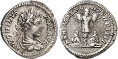 RÖMER RÖMISCHES KAISERREICH. CARACALLA, Augustus 198-217. Denar (201) 2,30g. Büste mit Paludamentum und Lorbeerkranz n.r. ANTONINVS - PIVS AVG / PART MAX PO-NT TR P IIII Zwei Captivi sitzen an Tropaeu