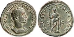 RÖMER RÖMISCHES KAISERREICH. MACRINUS 217-218. AE-Sesterz 25,18g. Panzerbüste, kurzbärtig, m. Lorbeerkranz n.r. IMP CAES M OPEL SEV MACRINVS AVG / SECVRITAS TEMPORVM - S - C Securitas steht an Säulche