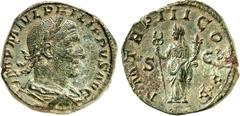 RÖMER RÖMISCHES KAISERREICH. PHILIPPUS I. Arabs 244-249. AE-Sesterz (247) 20,81g. Paludamentbüste m. Lkr. n.r. IMP M IVL PHILIPPVS AVG / P M TRP IIII COS II P P - S - C Felicitas steht n.l. RIC 150a, 