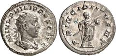 RÖMER RÖMISCHES KAISERREICH. Philippus II., Caesar 244-247. Antoninian (245) 3,90g. Palliumbüste m. Strkr. n.r. M IVL PHILIPPVS CAES / PRINCIPI IVVENT Philippus steht in Rüstung n.r. RIC 216c, C. 54. 