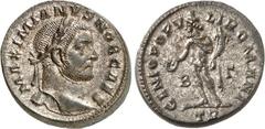 RÖMER RÖMISCHES KAISERREICH. Maximianus II. Galerius Caesar 293-305. AE-Follis 27mm (296) 10,9g, Trier, 2. Offizin. Kopf mit Lorbeerkranz n.r. MAXIMIANVS NOB CAES / GENIO POPV-LI ROMANI Genius steht n